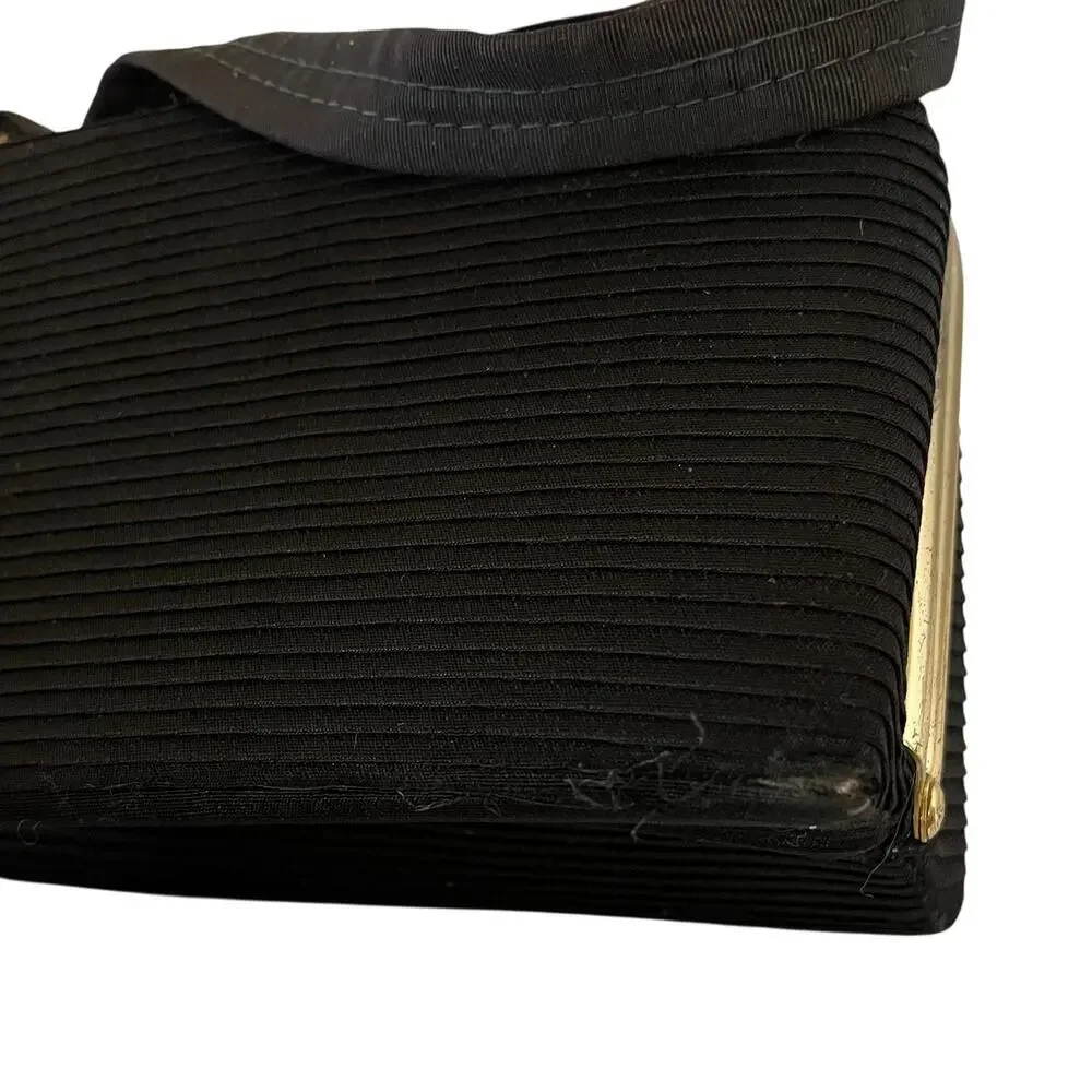 1950s Vintage Black Pleated Faille Top Handle Frame Handbag